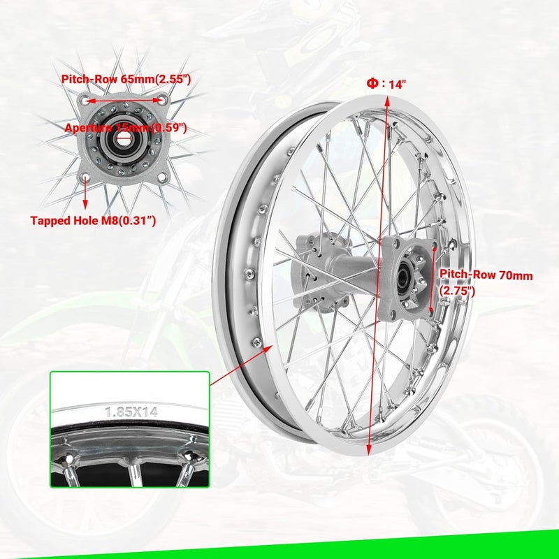 XIKOBY 1.85x14 Rear Rim Compatible with 90/100-14 3.00-14 Dirt Pit Bike Tire, 14 Inch Rim Fit for KLX125 KX85 TTR125 YZ80 RM80 Apollo 125 Taotao DB17 SR150 DR90 Motorcycle Parts (15mm Axle) - Image 2
